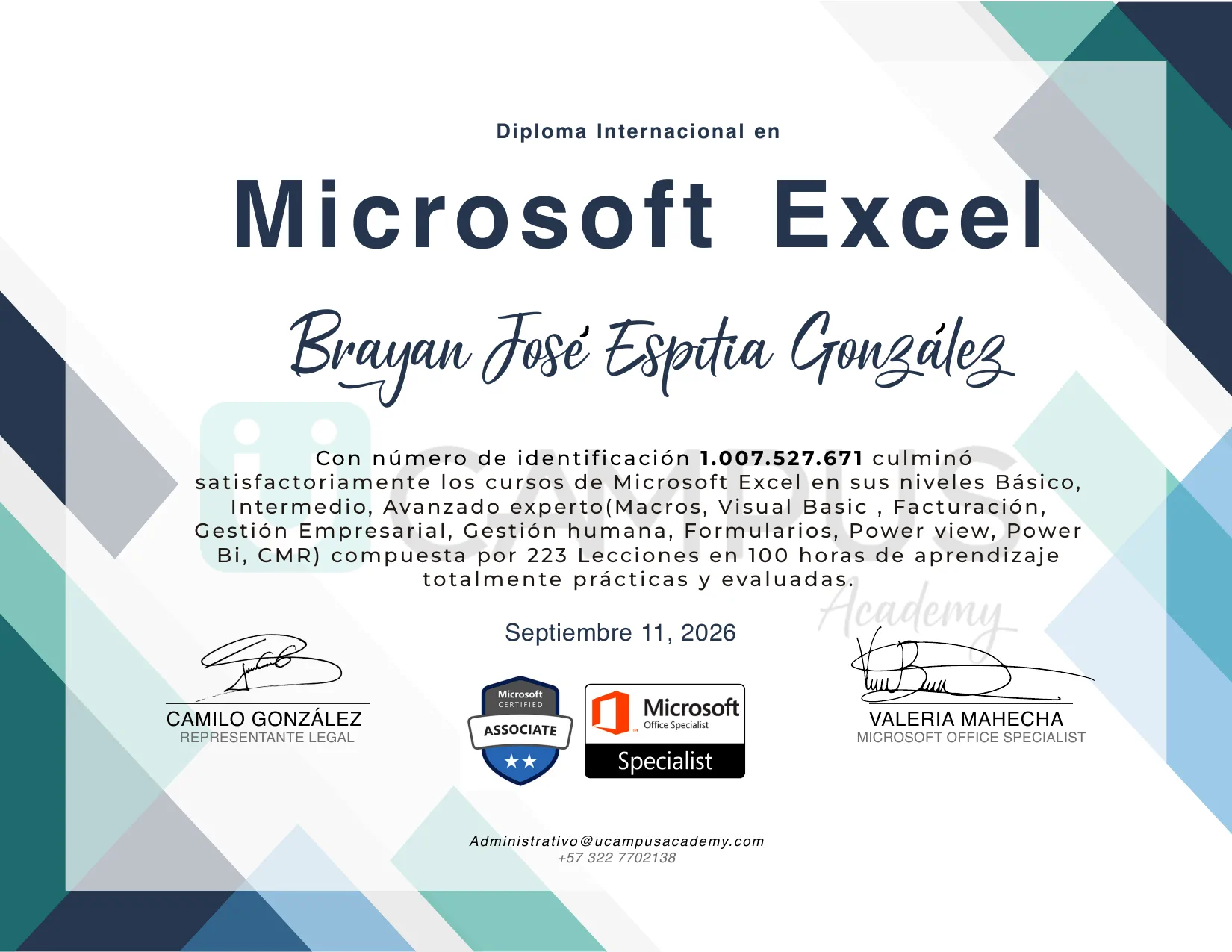 Constancia Internacional en Microsoft Excel de Brayan José Espitia González