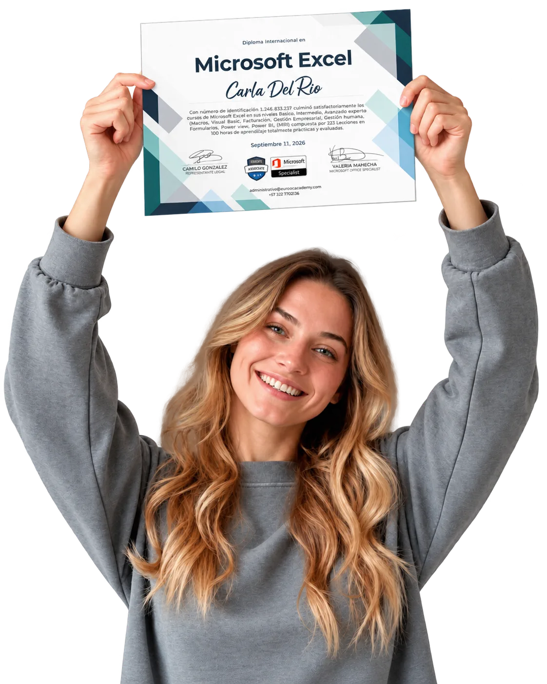 Estudiante mostrando su constancia internacional de Microsoft Excel